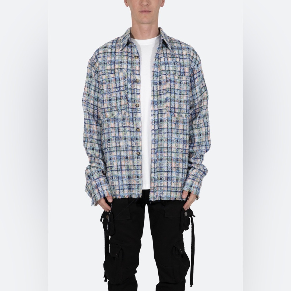 Heavyweight Raw Edge Distressed Flannel - Blue/White